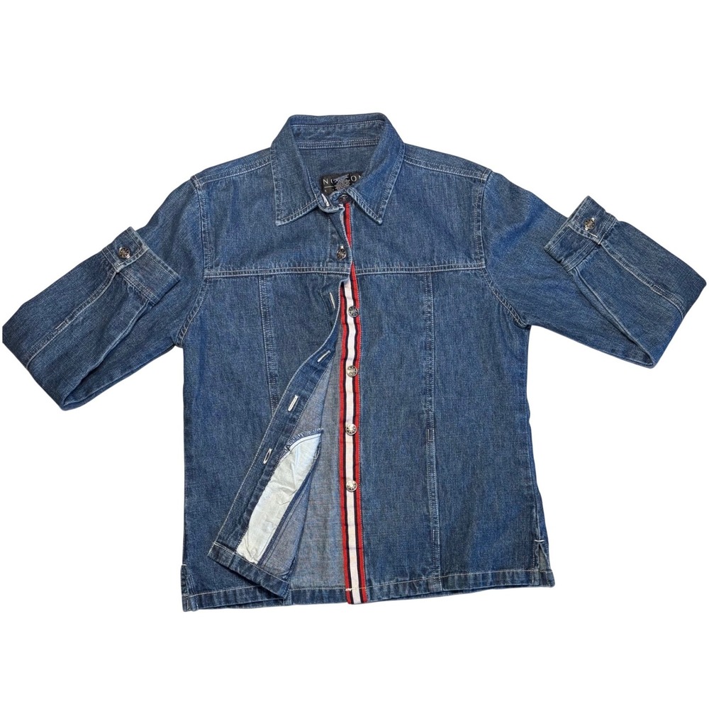 Norton McNaughton Petites Studio Blue‎ Denim Jacket Striped Trim Star Buttons 6P